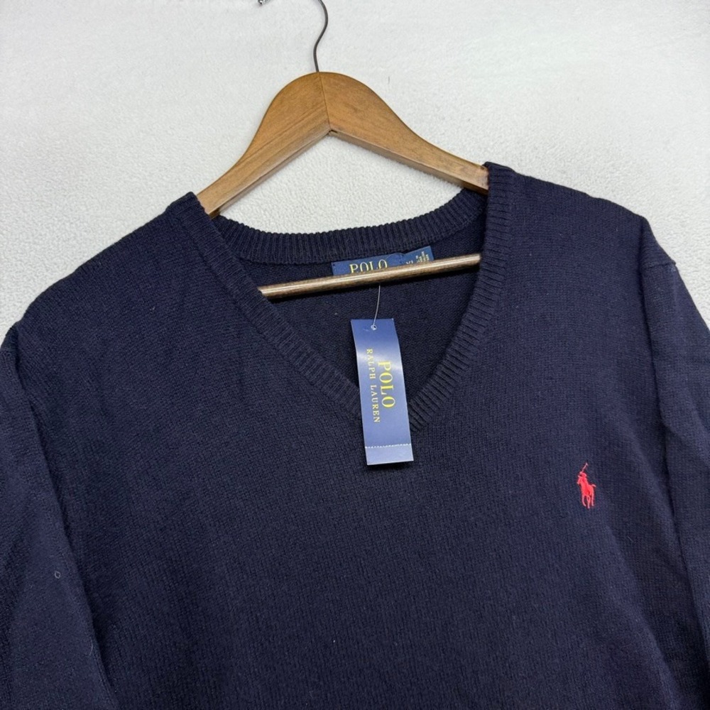 Ralph Lauren Sweater Mens XL Navy Blue Classics V-Neck Italian Yarn Lambswool